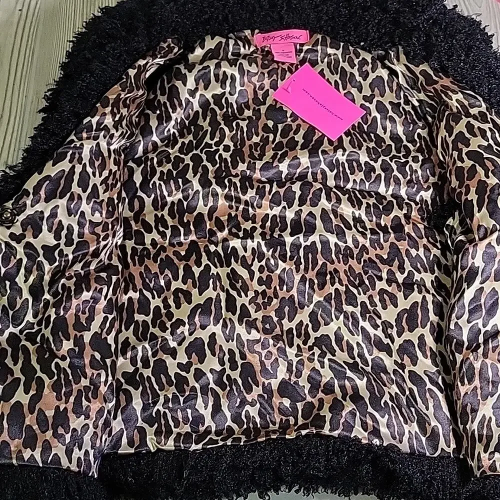 Betsey Johnson Black Faux Fur Vest Animal Print Lining Womens Size Small NWT
